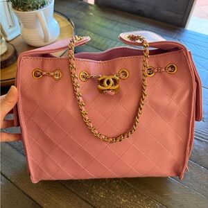Mauve Pink Quilted Shoulder Bag with Gold Chain, New